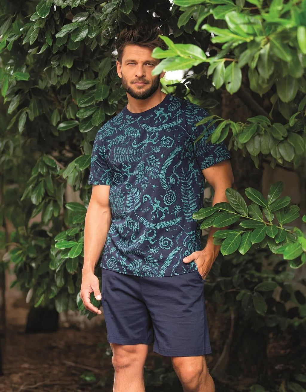 Pigiama uomo in cotone – set con stampa botanica e shorts