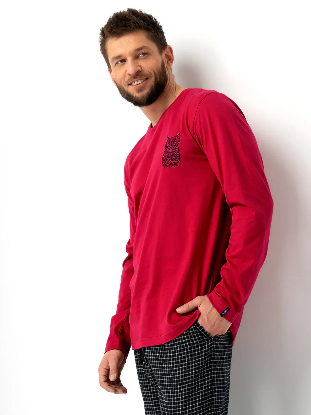 Pigiama uomo in cotone con stampa gufo e pantaloni flanella