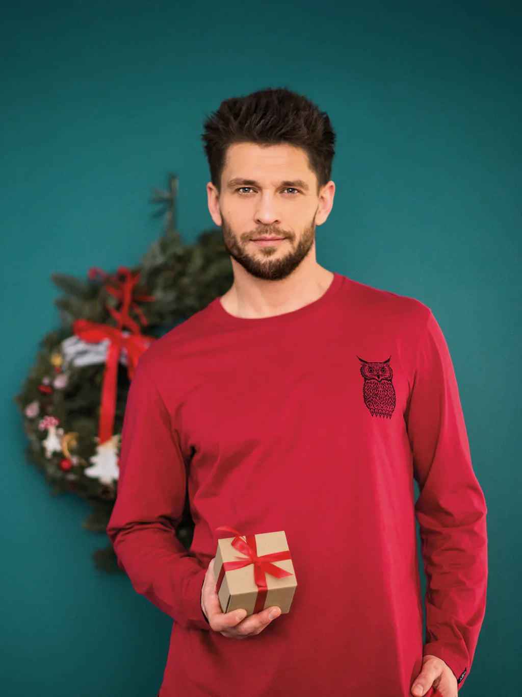 Pigiama uomo in cotone con stampa gufo e pantaloni flanella