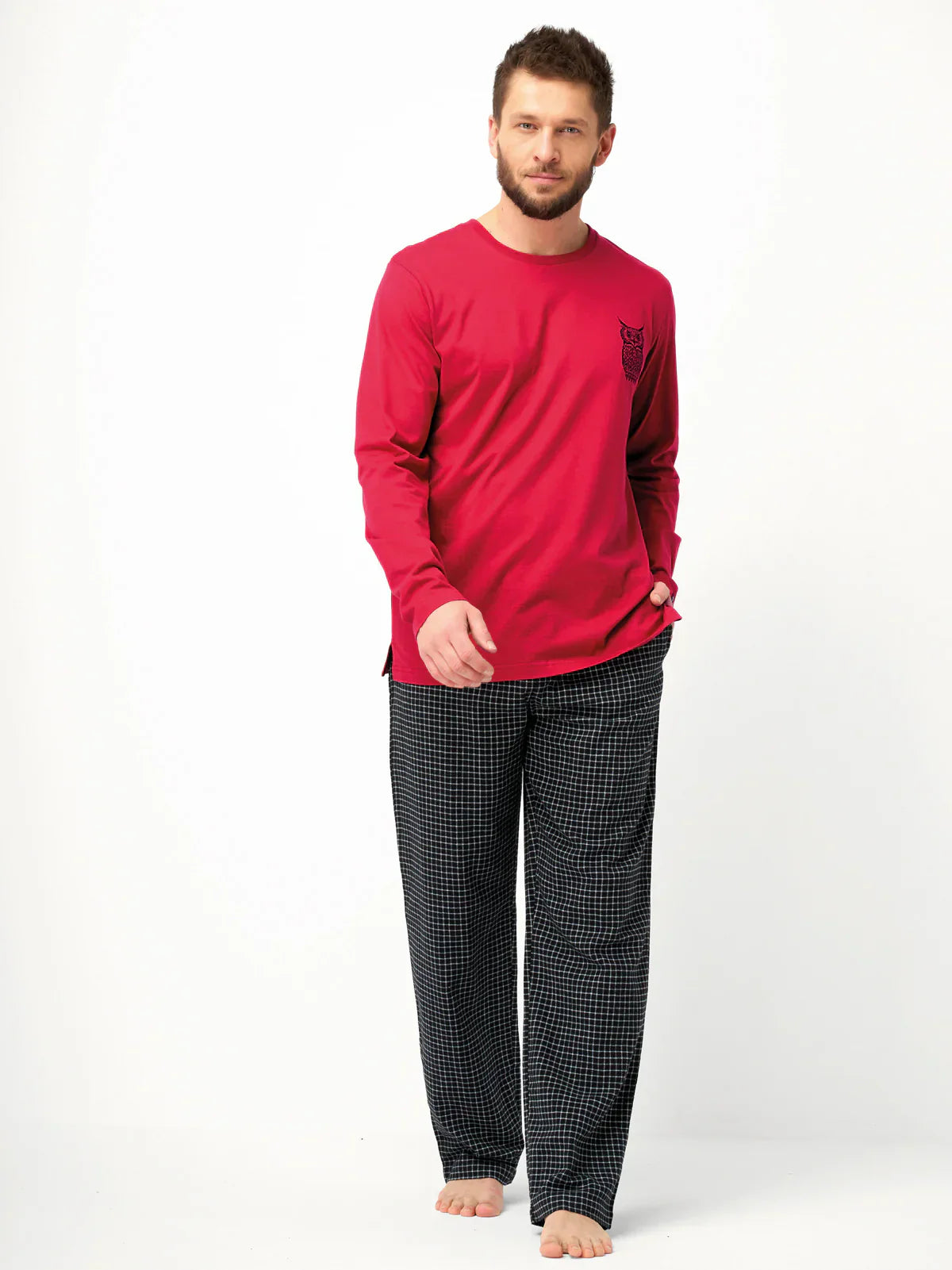Pigiama uomo in cotone con stampa gufo e pantaloni flanella