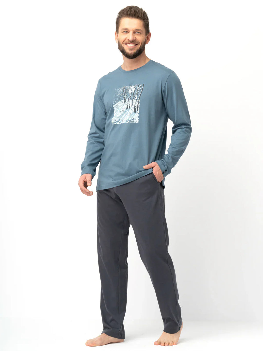 Pigiama uomo in cotone con stampa paesaggio boschivo | mns