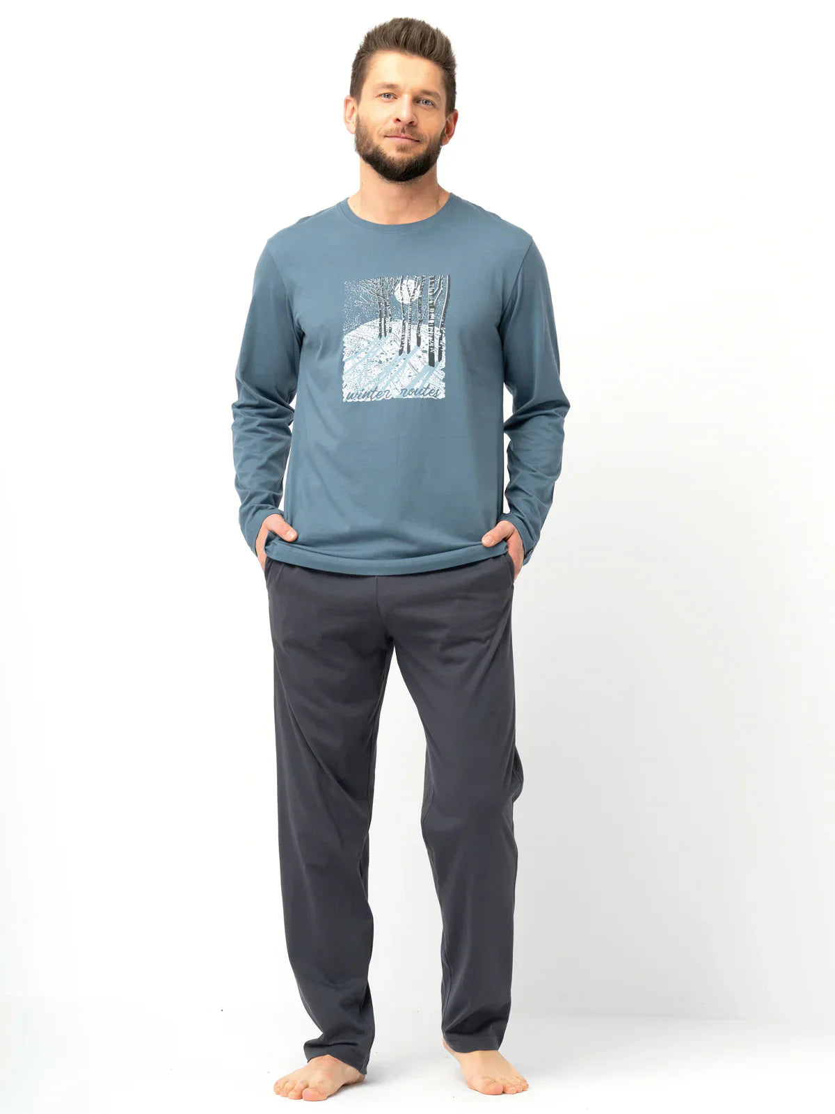 Pigiama uomo in cotone con stampa paesaggio boschivo | mns