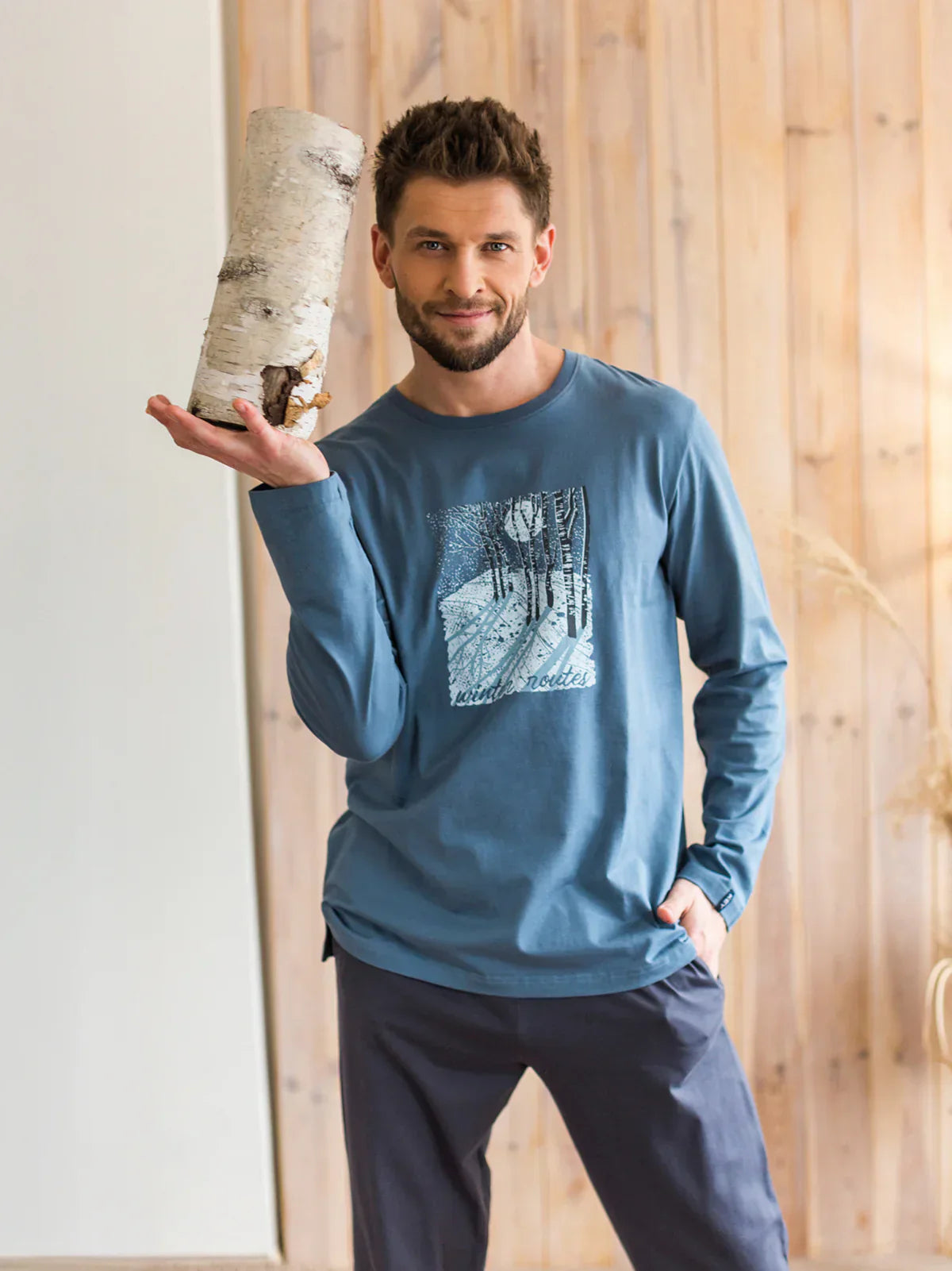 Pigiama uomo in cotone con stampa paesaggio boschivo | mns