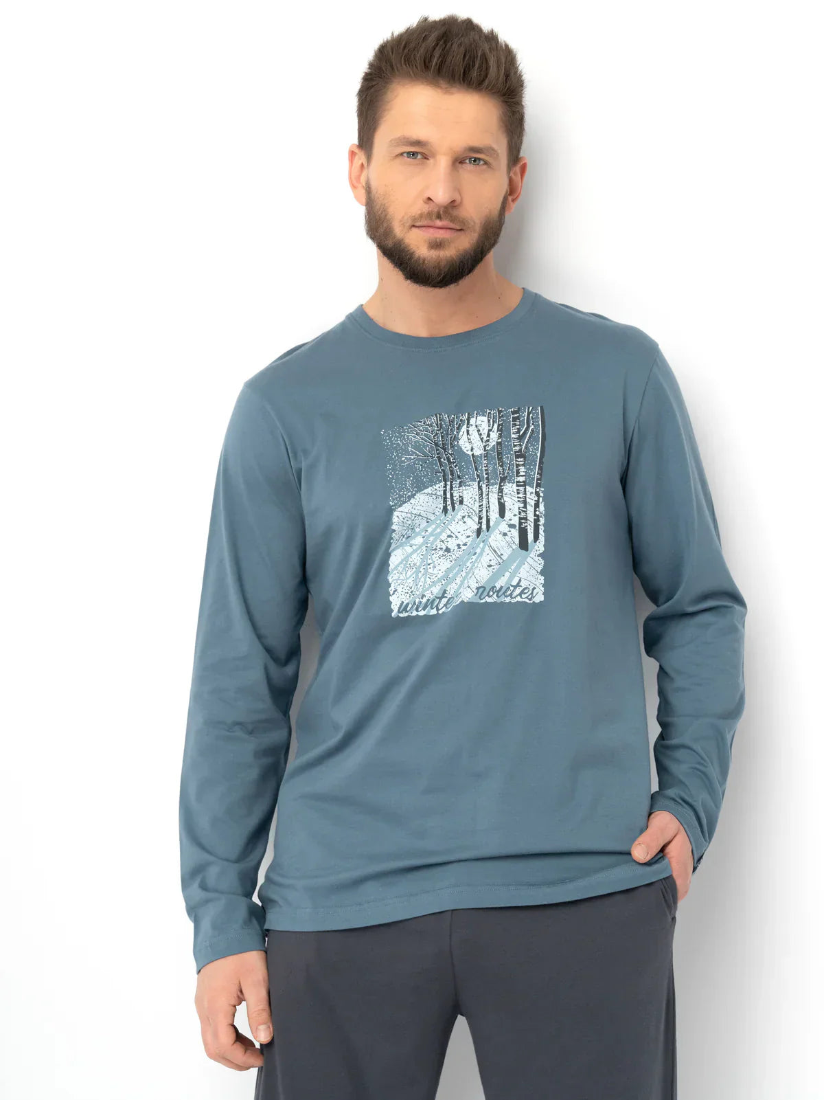 Pigiama uomo in cotone con stampa paesaggio boschivo | mns