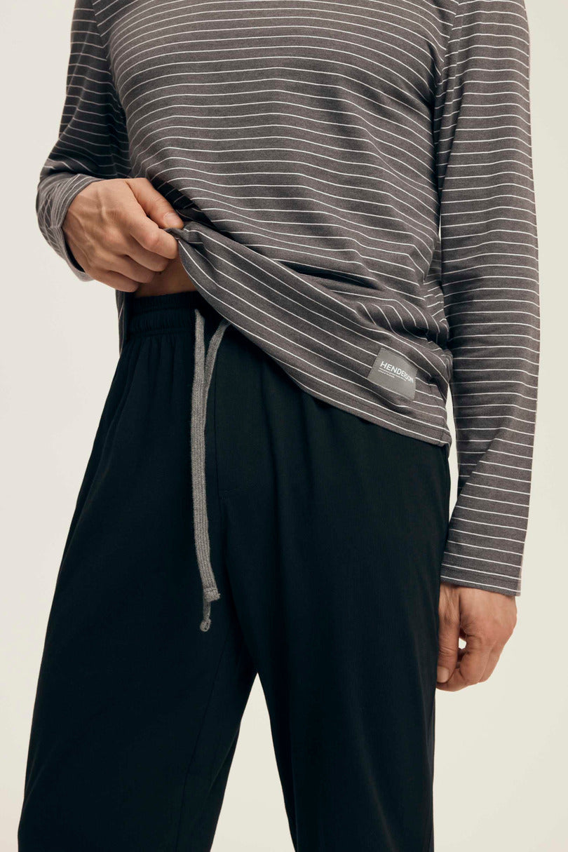 Pigiama uomo in cotone a righe con pantalone nero | new