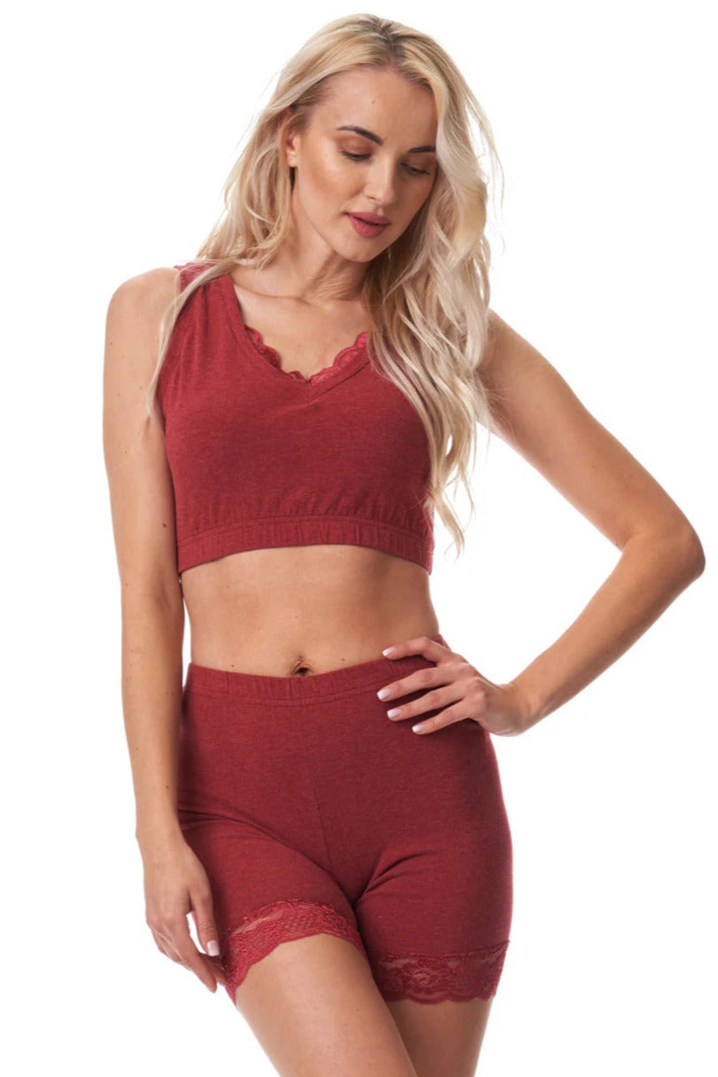 Shorts donna termici in cotone felpato con dettaglio pizzo