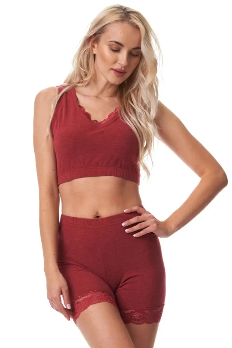 Shorts donna termici in cotone felpato con dettaglio pizzo