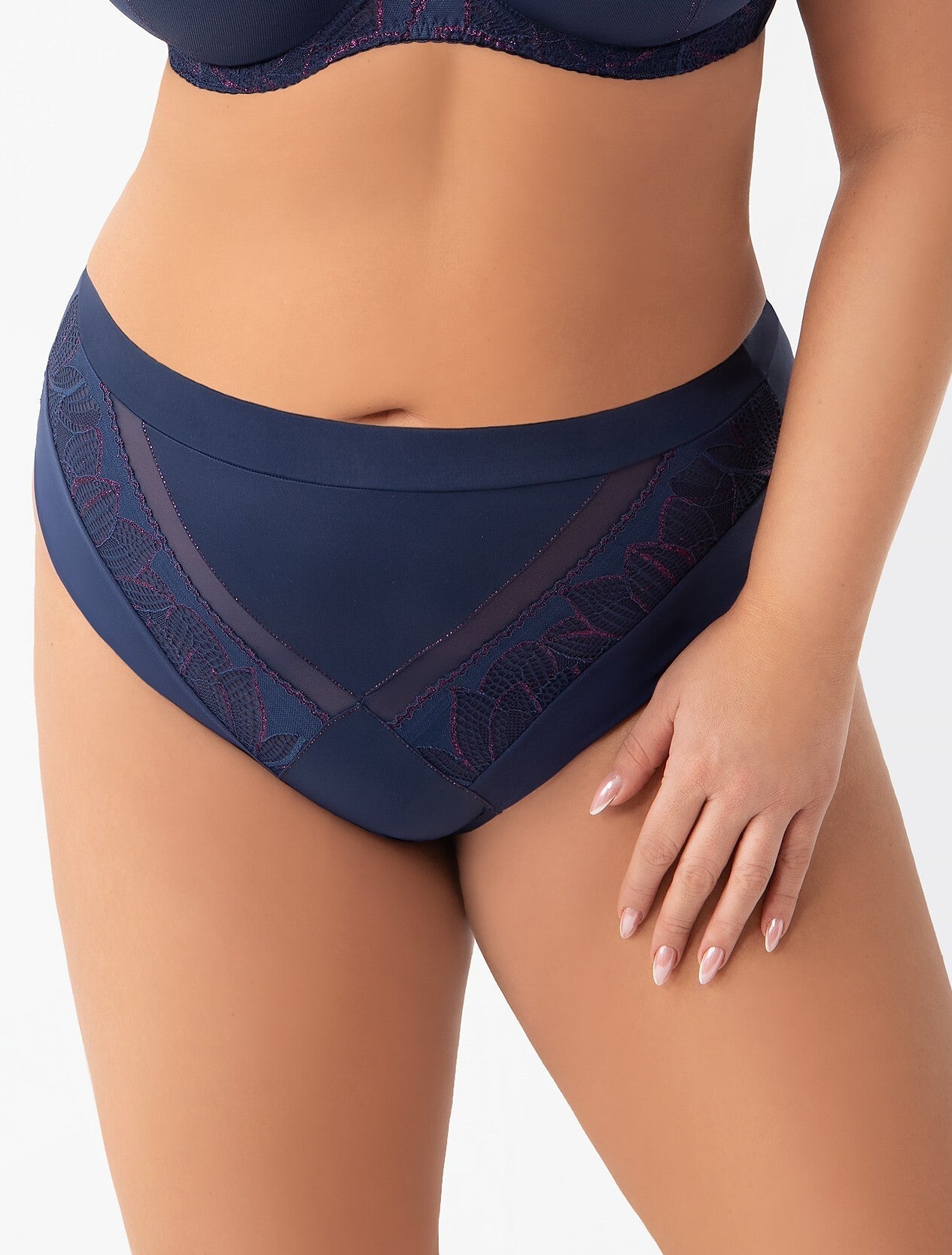 Slip a vita alta in microfibra con pizzo e lurex rosa