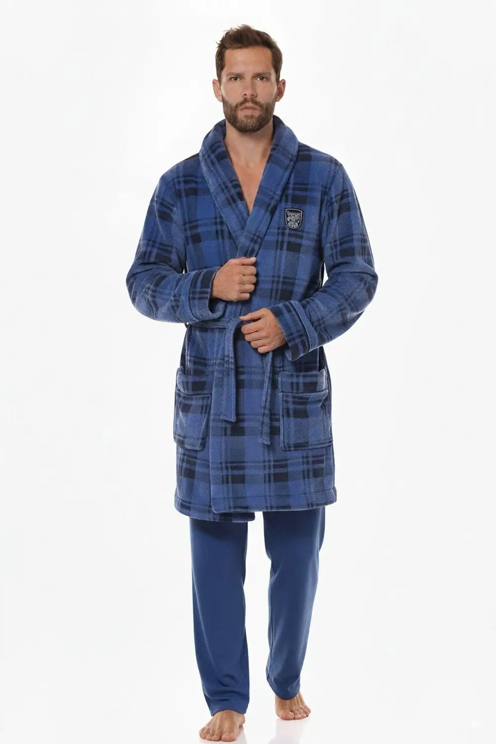 Vestaglia da uomo in morbido pile a quadri con collo