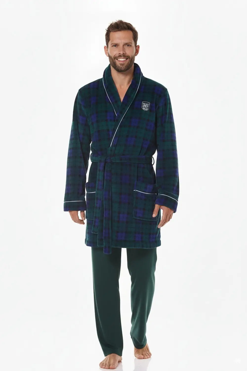 Vestaglia da uomo in morbido pile a quadri con collo