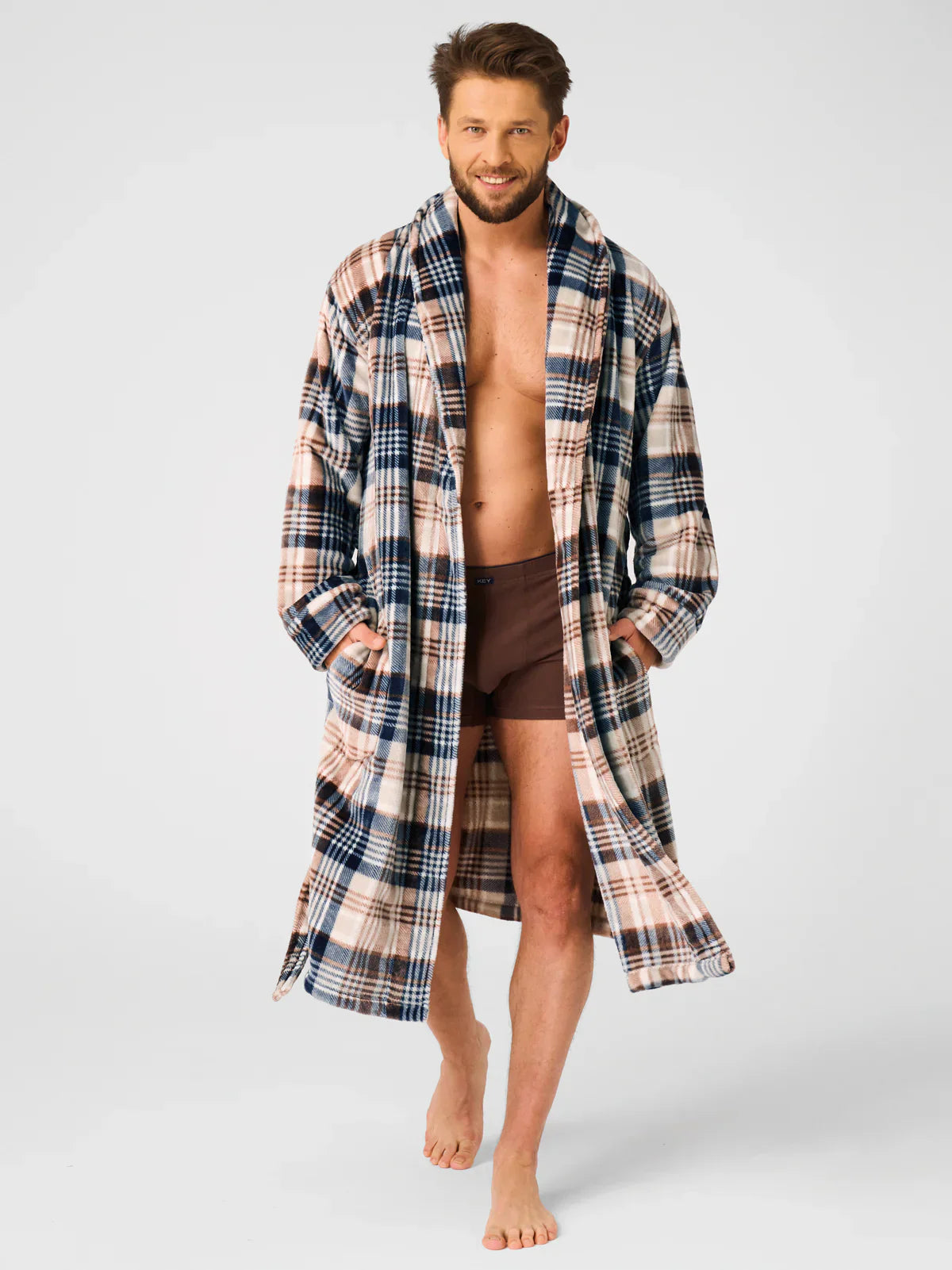 Vestaglia da uomo in morbido pile a quadri con collo