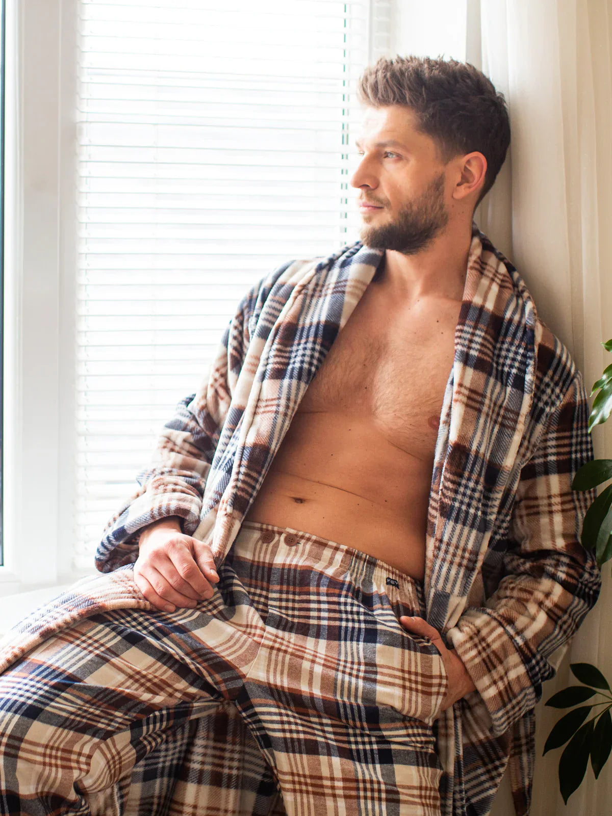 Vestaglia da uomo in morbido pile a quadri con collo