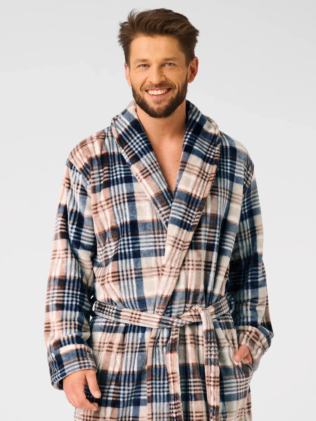 Vestaglia da uomo in morbido pile a quadri con collo